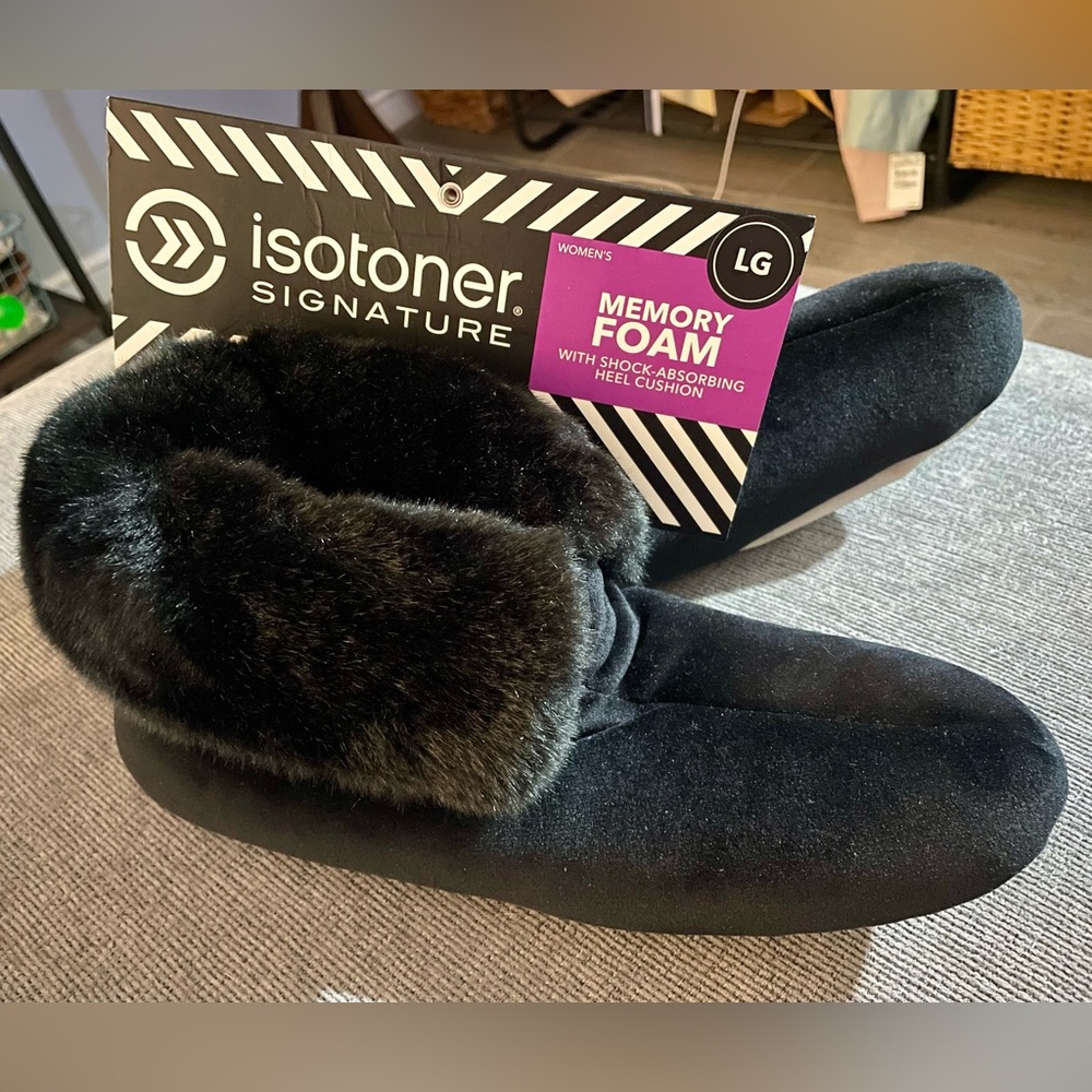 🆕 Isotoner Signature Black Velour Bootie Slippers w/ Faux Fur Cuff - L